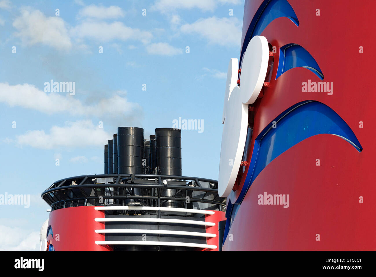 Close-up image of the smokestack of the Disney Dream cruise ship during a cruise between the United States and The Bahamas. Stock Photo