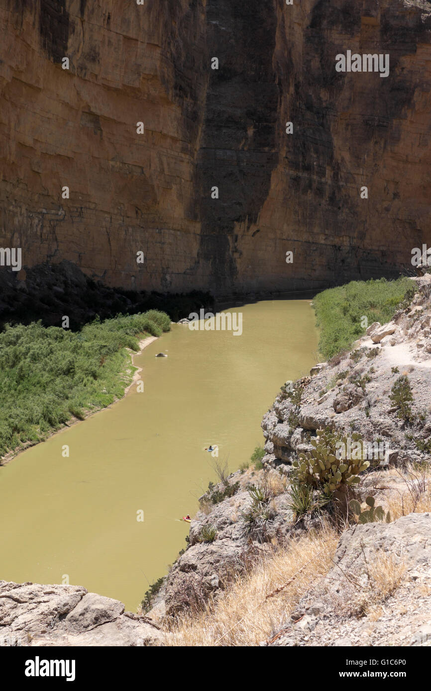 Looking down on the Rio Grande River from an observation area about 500 feet above the River Santa Elena Canyon Stock Photo