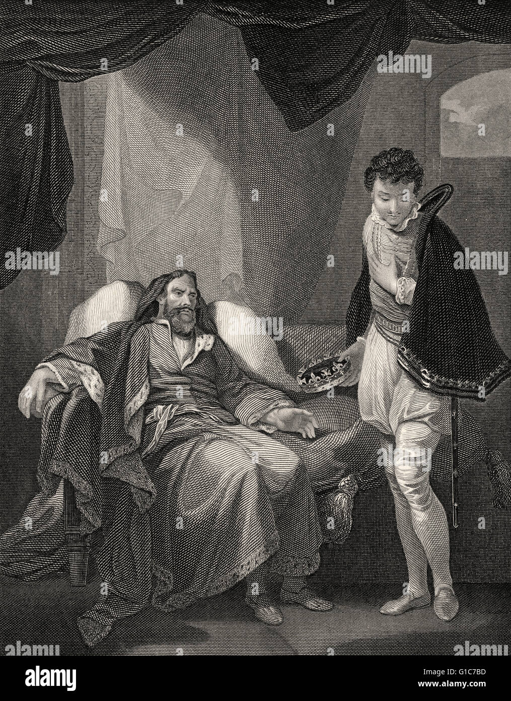 Henry IV, reproving Prince Henry, scene from King Henry IV part 2, act 4, scene 5, a history play by William Shakespeare Stock Photo