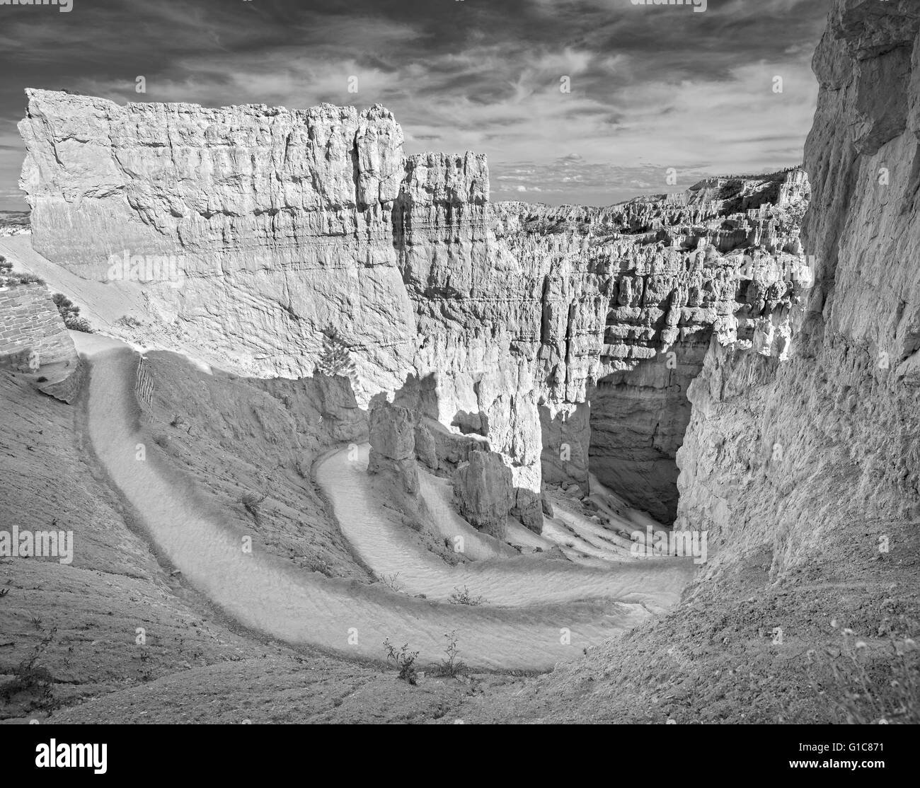 Black and white picture of a winding path in Bryce Canyon National Park. Stock Photo