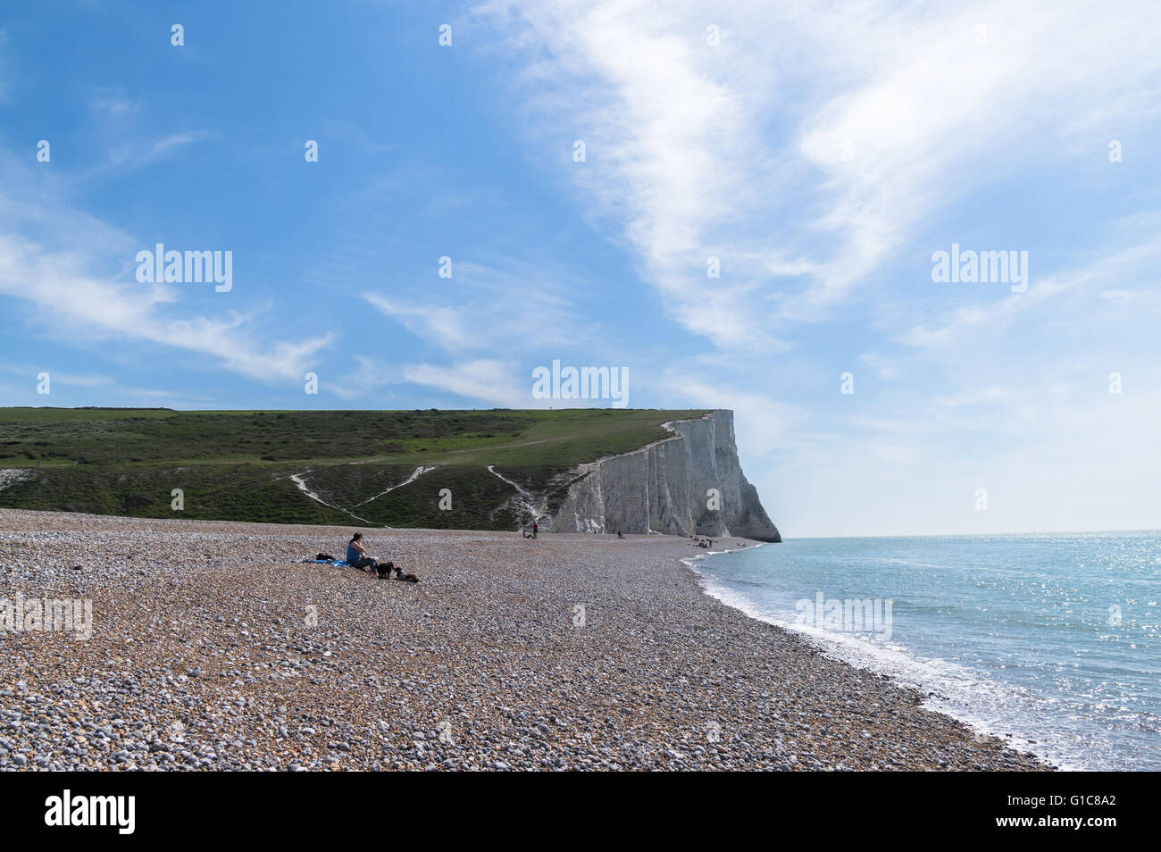 Looking East along the beach at Cuckmere Haven Stock Photo