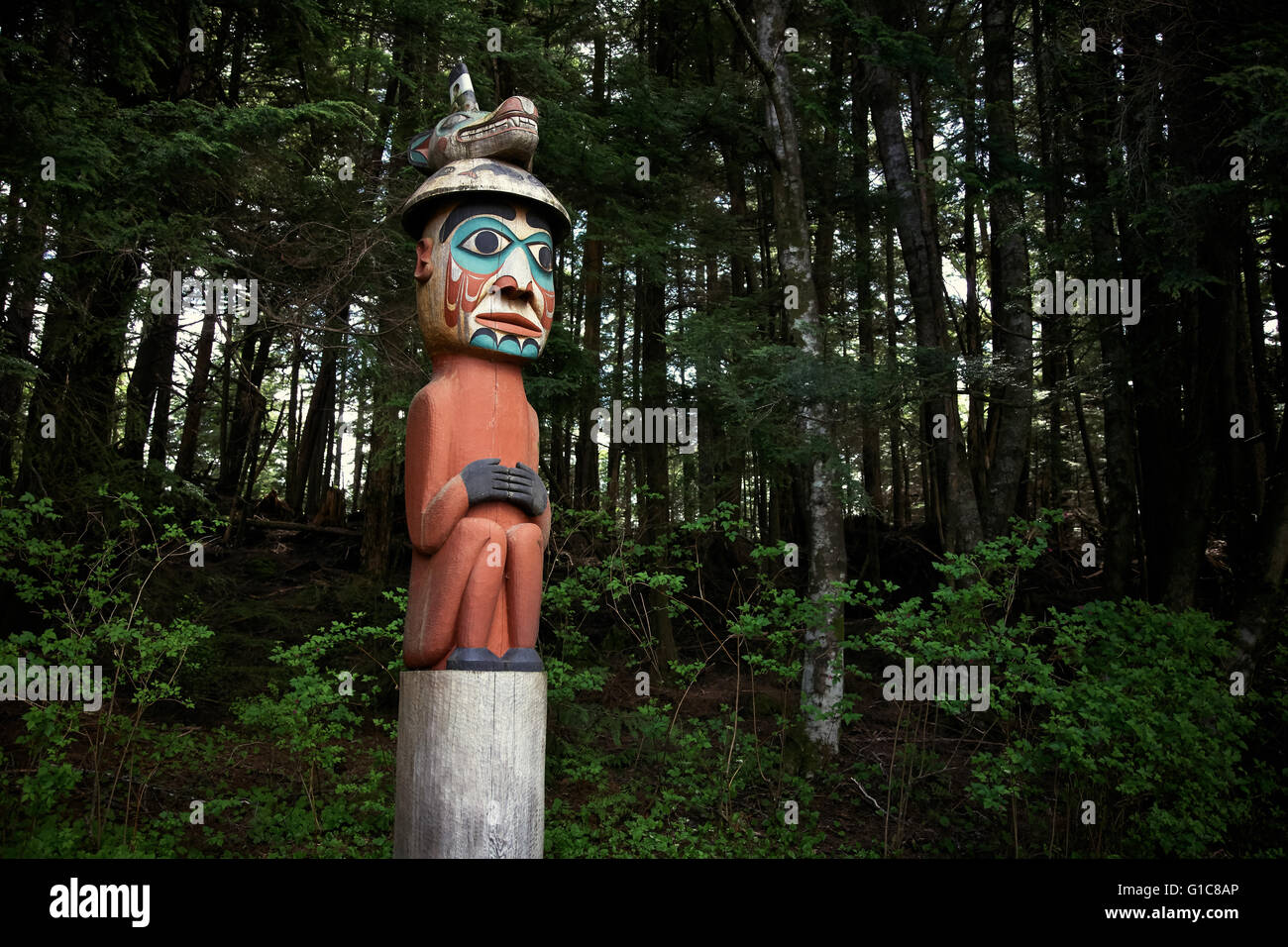 Totem pole at Totem Bight State Historical Park, near Ketchikan, USA Stock Photo