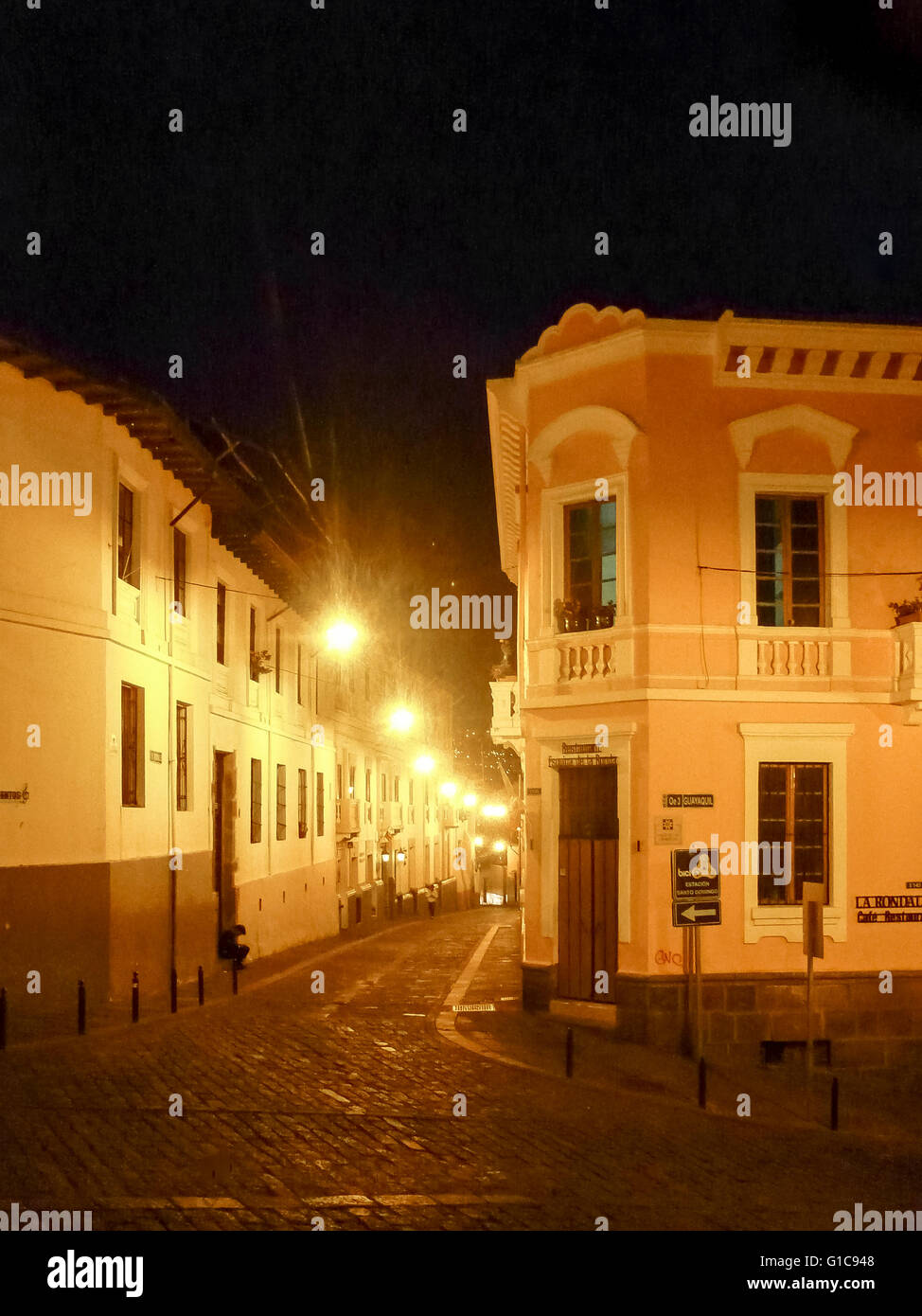 QUITO, ECUADOR, OCTOBER - 2015 - Night urban scene of La Ronda, a traditional colonial style street located in the historic cent Stock Photo