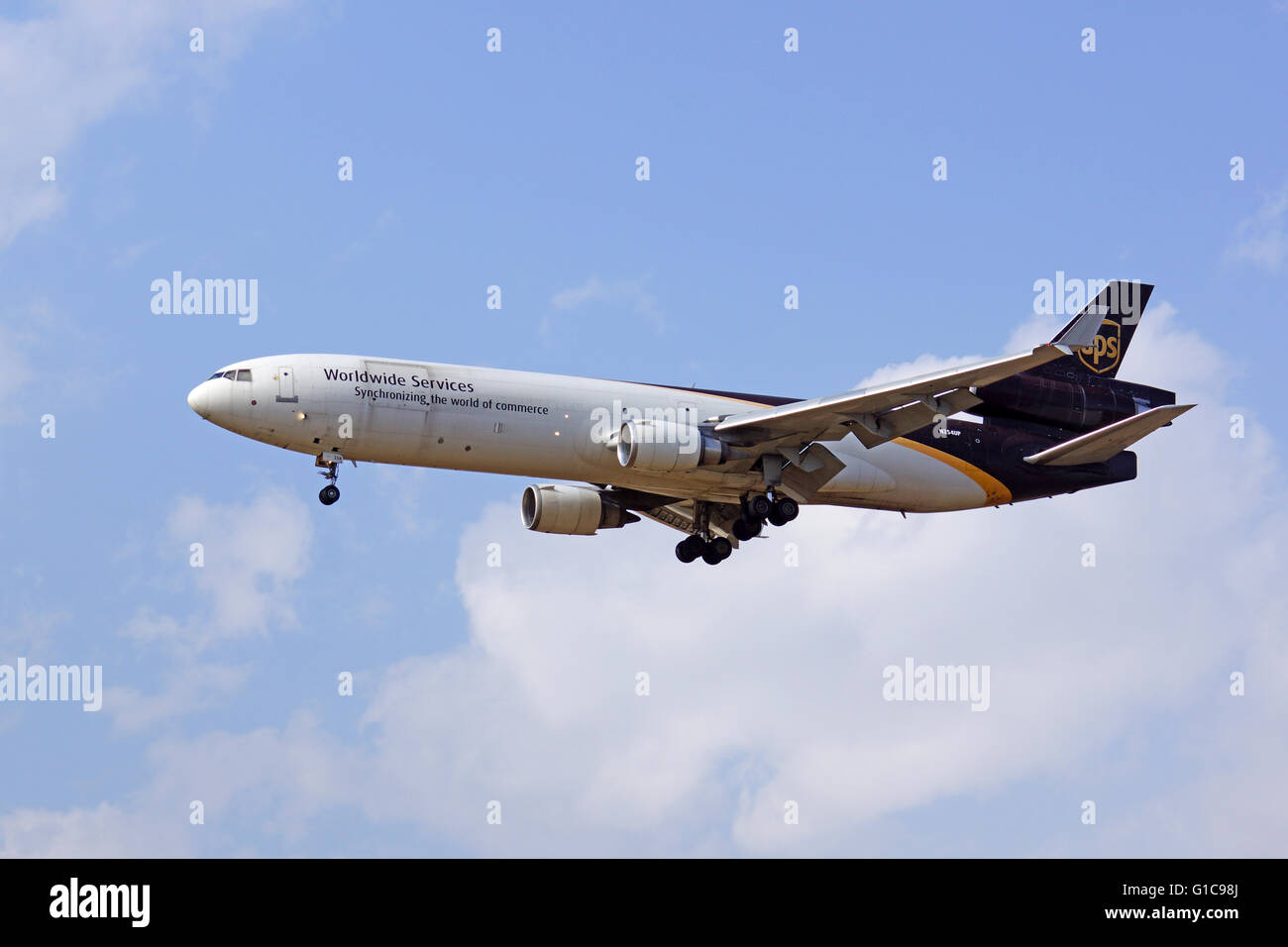 Commercial UPS cargo jumbo jet airplane landing at Ontario