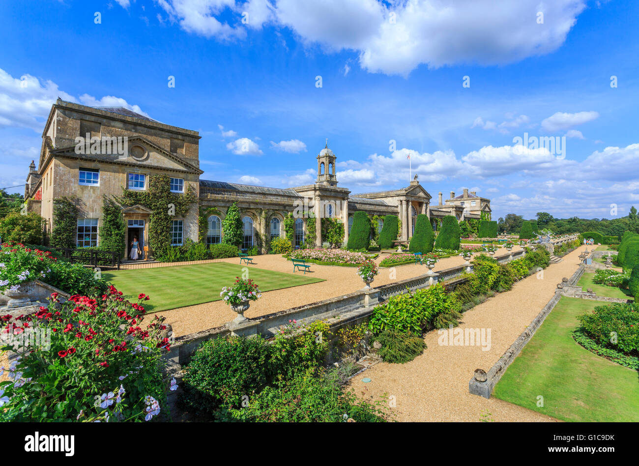 View of the front facade and Italianate terrace gardens of Bowood House, a stately home near Calne, Wiltshire, UK Stock Photo
