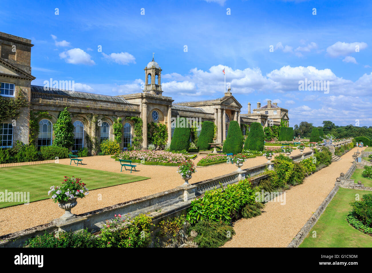 View of the front facade and Italianate terrace gardens of Bowood House