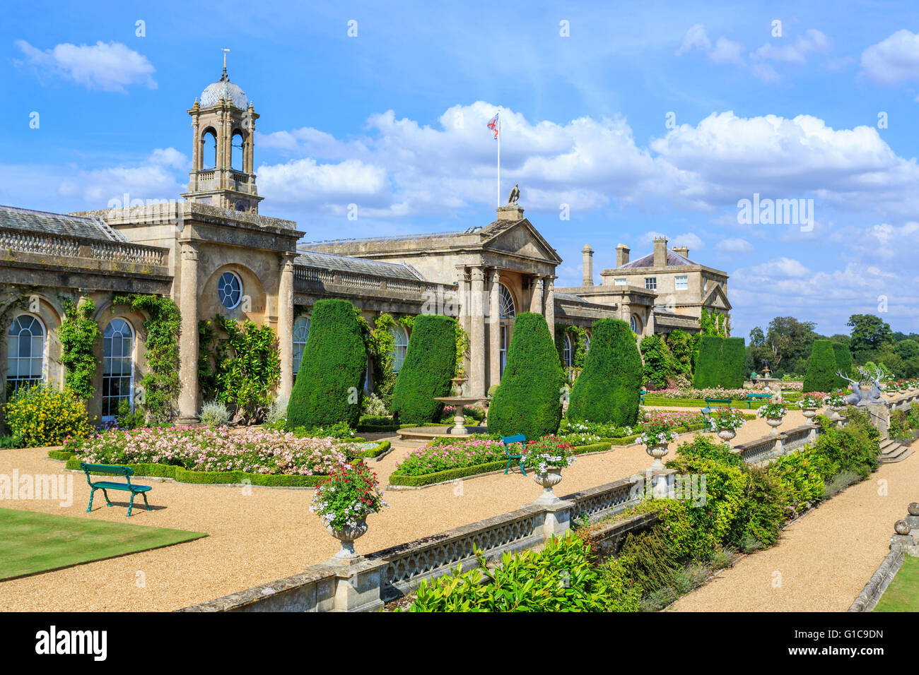 View of the front facade and Italianate terrace gardens of Bowood House