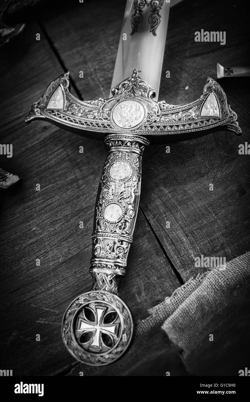 Detail of the hilt of a sword that dates from the time of the Crusaders. Stock Photo