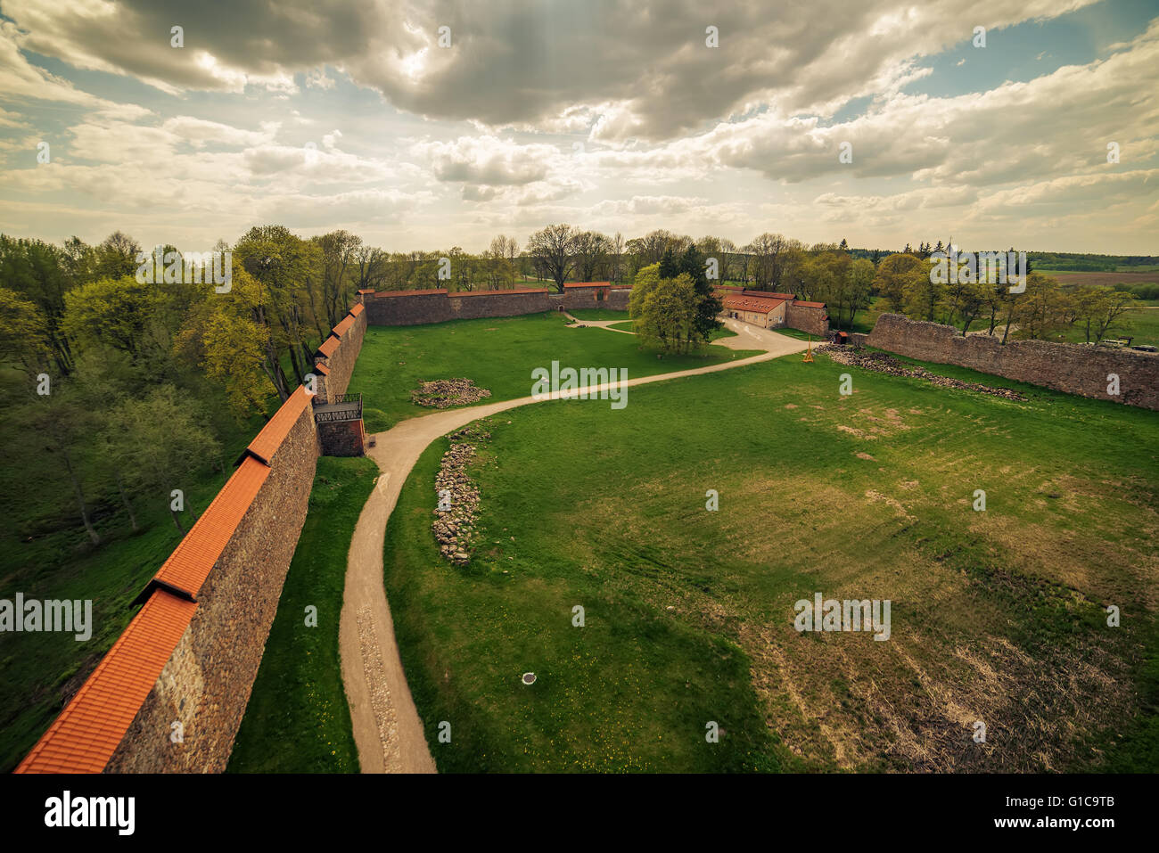 Lithuania: aerial view of gothic Medininkai castle Stock Photo