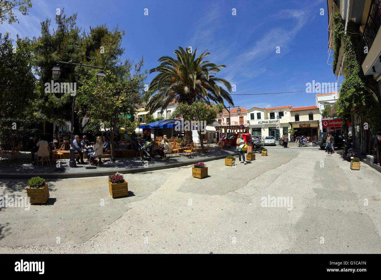 Myrina city centre coffee & pastry garden shops in "OTE" & Banks' square (former Taxi square). Limnos or Lemnos island, Greece Stock Photo