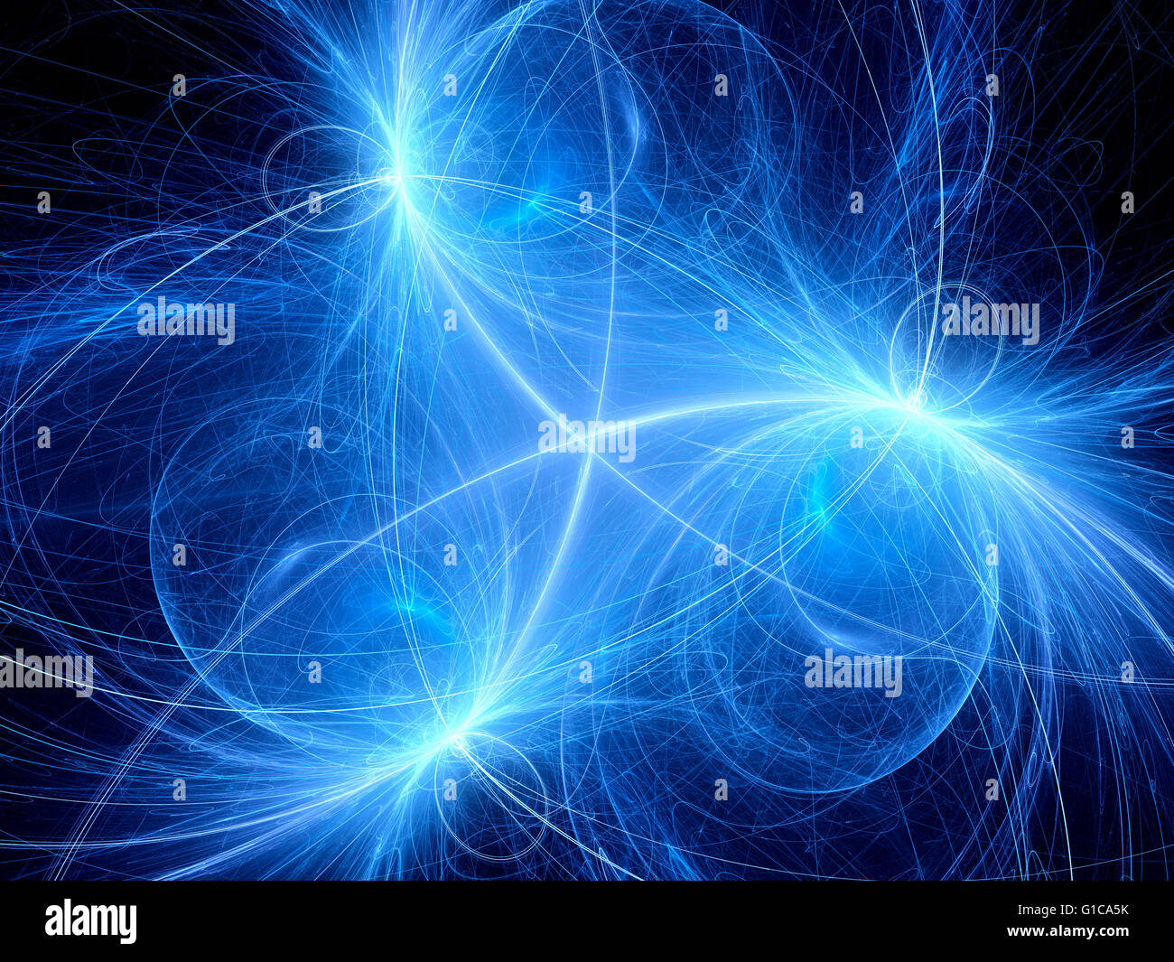 Blue glowing symmetric neon trajectories in space, new technology computer generated abstract background Stock Photo