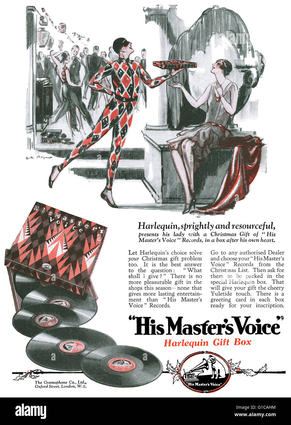 1928 UK advert for His Master's Voice Christmas Harlequin gift box. Stock Photo