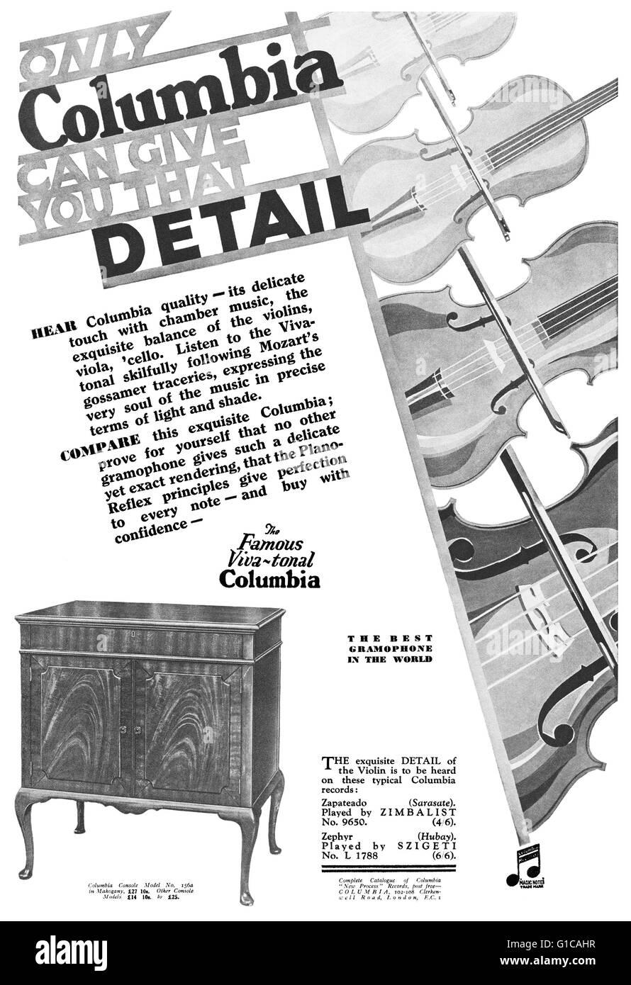 1929 British advert for Columbia gramophone record players. Stock Photo