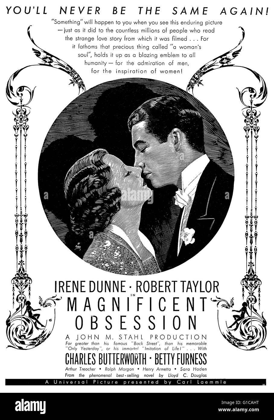 Black and white advertisement for the 1935 film Magnificent Obsession starring Irene Dunne and Robert Taylor, directed by Douglas Sirk Stock Photo