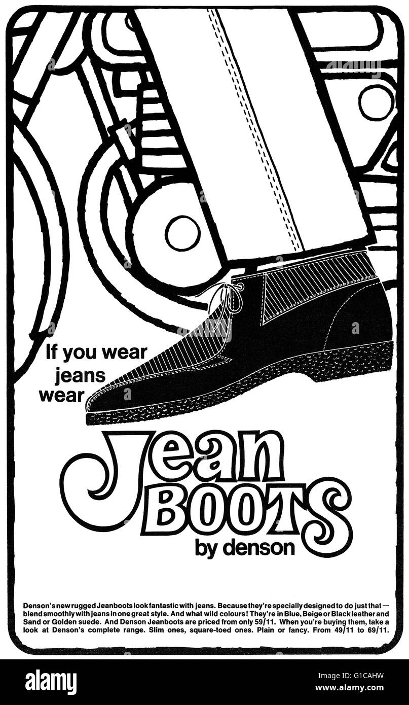 1968 black and white advertisement for Jean Boots by Denson Stock Photo