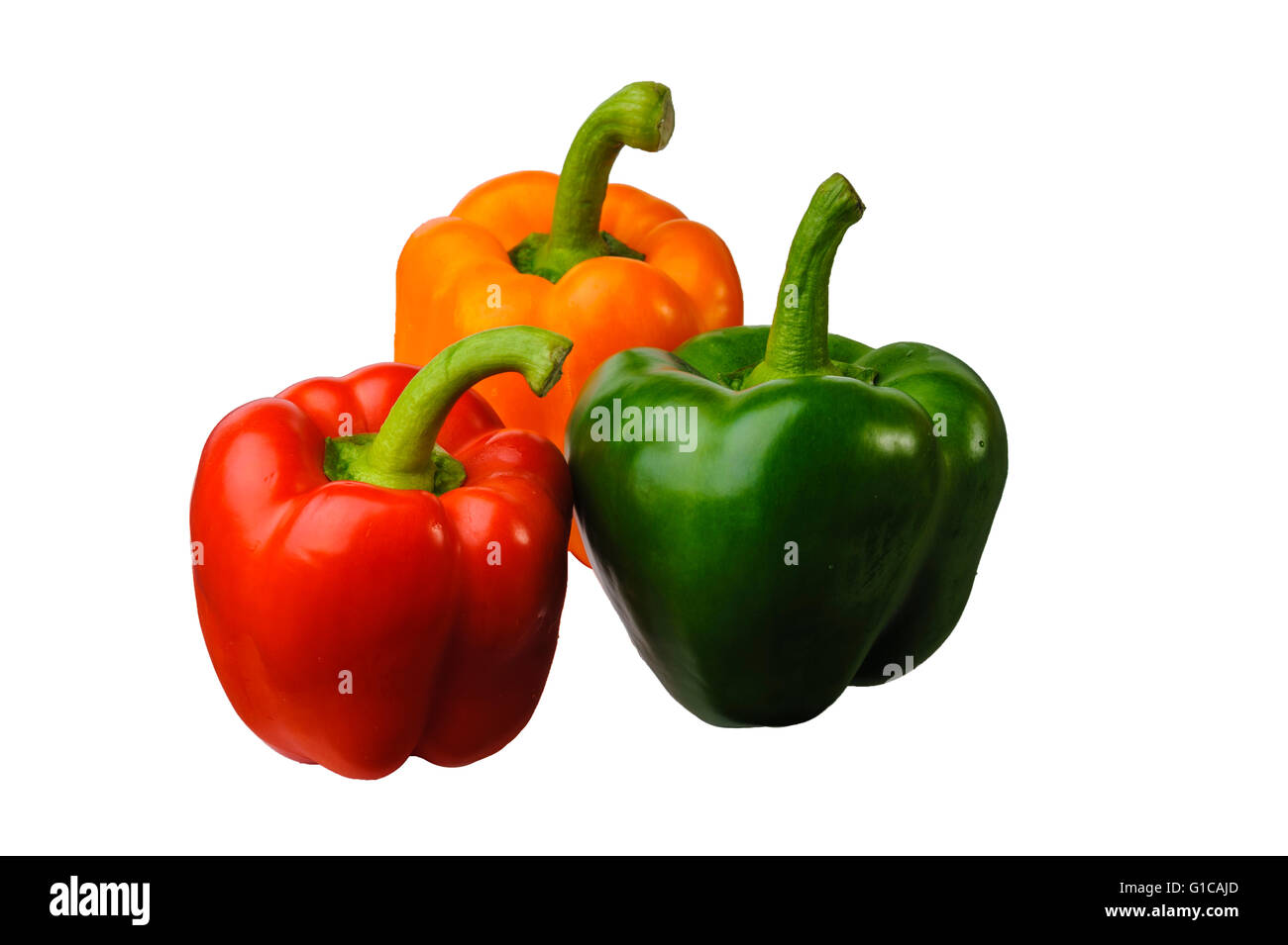 Bell Pepper Capsicum red yellow orange green. Group of  3 peppers. Stock Photo