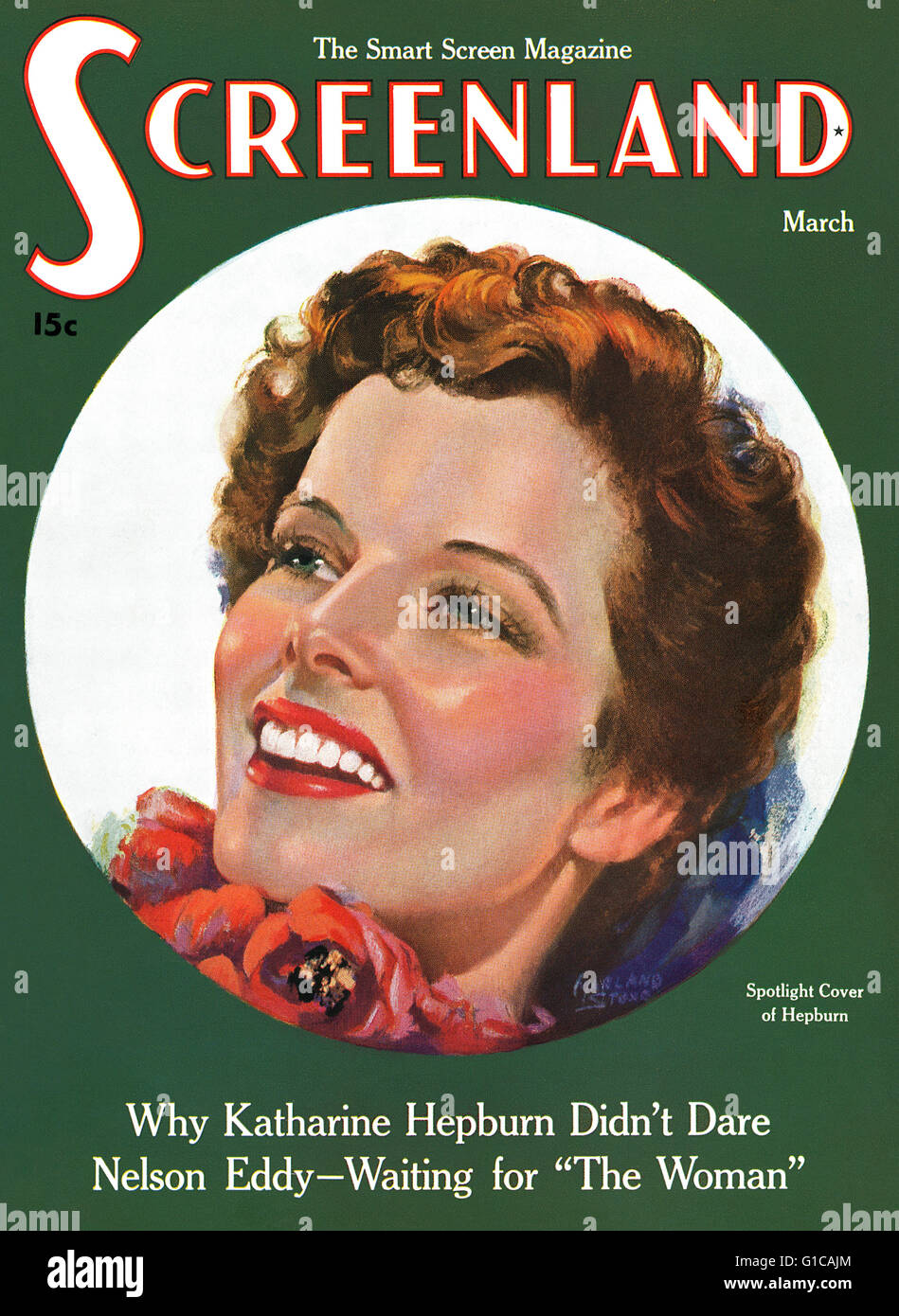 Cover of the March 1936 issue of Screenland magazine featuring a portrait of actress Katherine Hepburn by the artist Marland Stone. Stock Photo