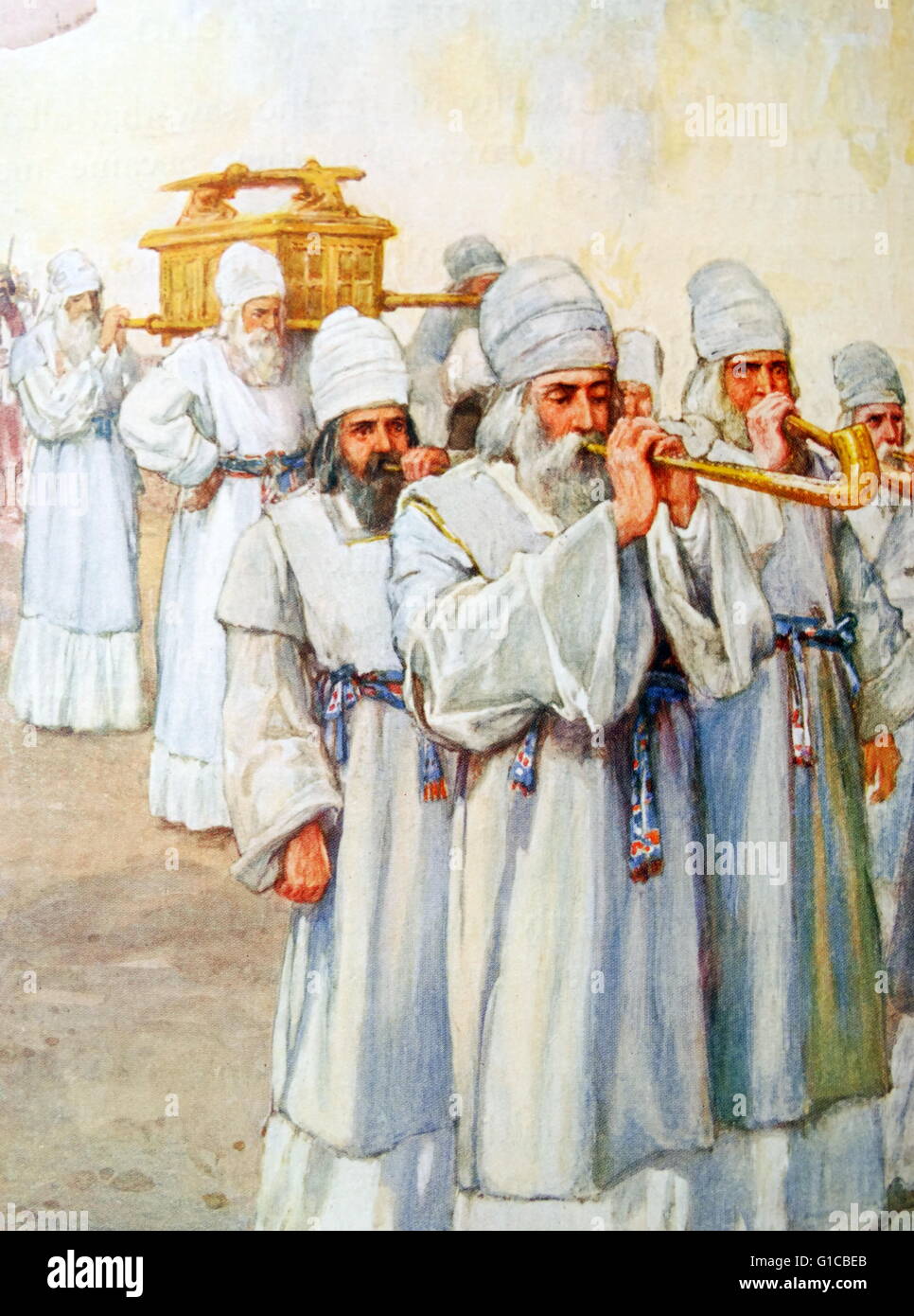 Painting depicting the priests bearing the ark outside the walls of Jericho Stock Photo
