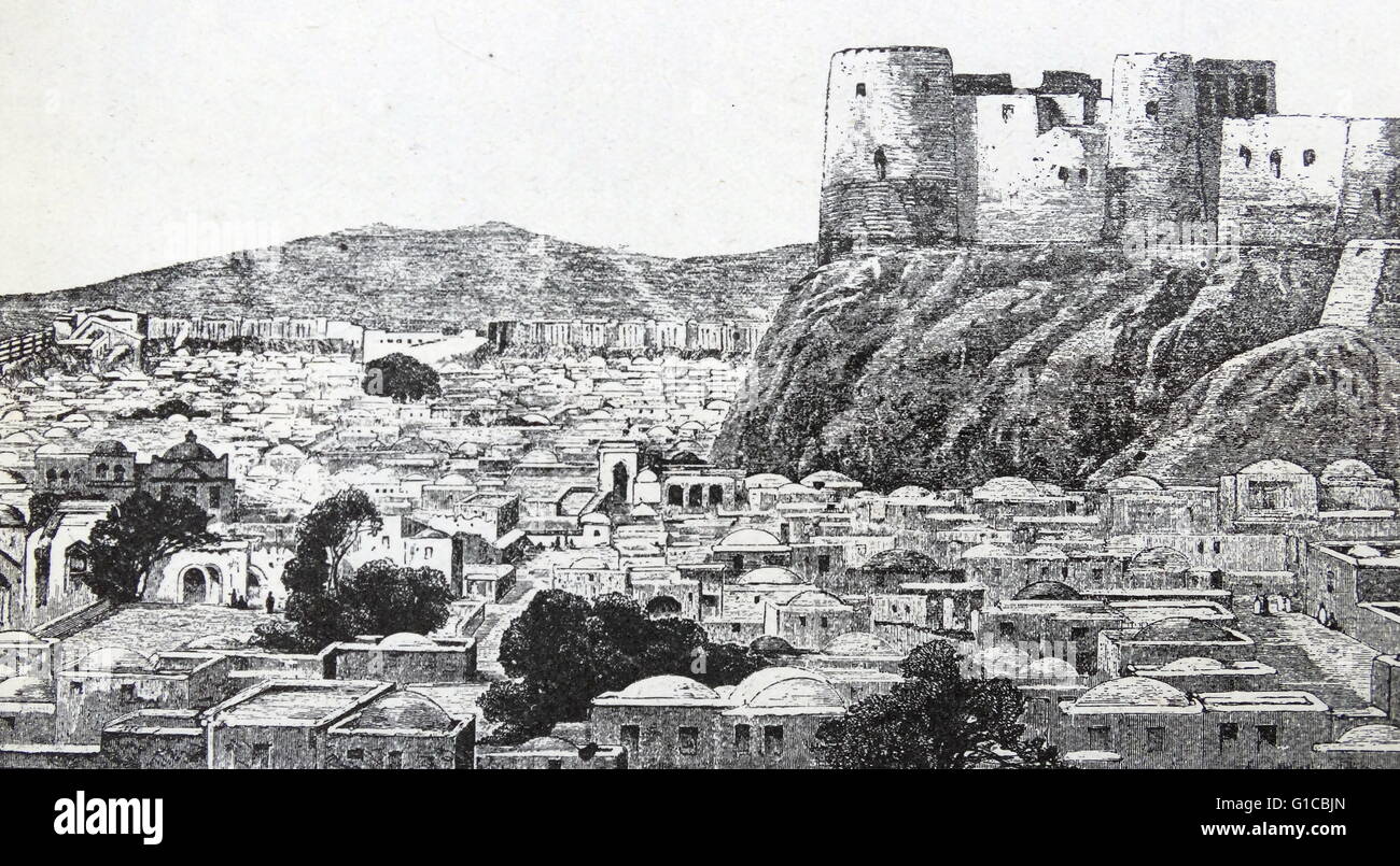 Engraving of the town and fortress of Herat, the gateway to Afghanistan and India. Dated 19th Century Stock Photo