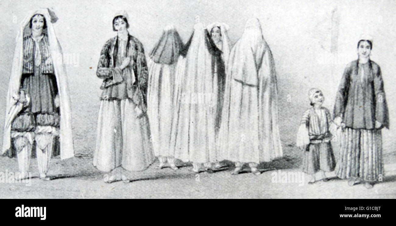 Engraving depicting the indoor and outdoor costumes of the ladies of Kabul Stock Photo