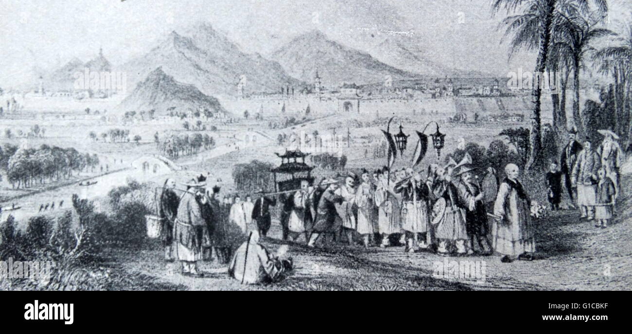Engraving depicting a religious procession outside the walls of Nanking, China. Dated 19th Century Stock Photo