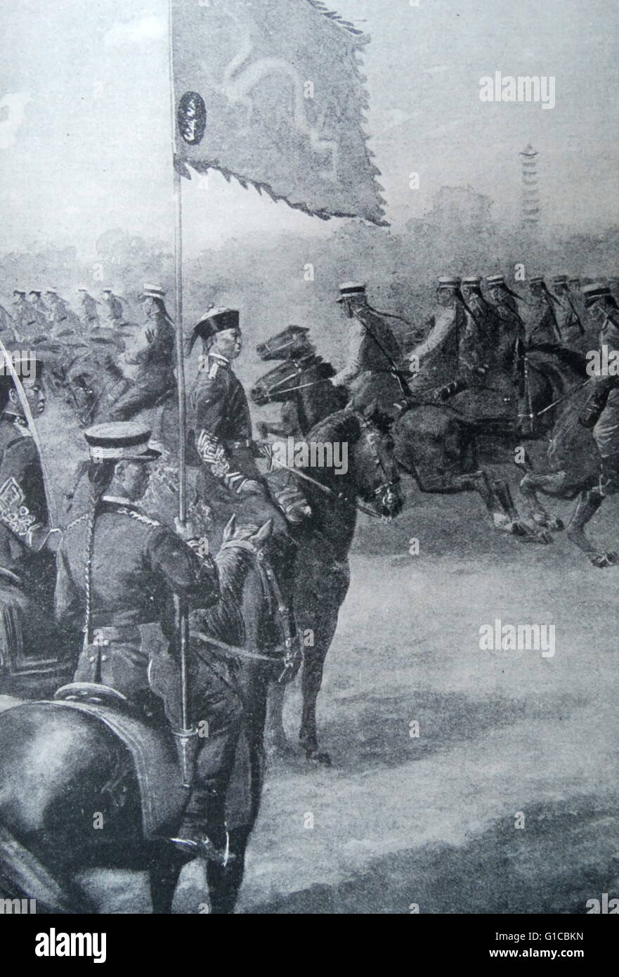 Engraving of the Great Viceroy of Peking, Yuan Shih-Kai reviewing his cavalry. Dated 19th Century Stock Photo