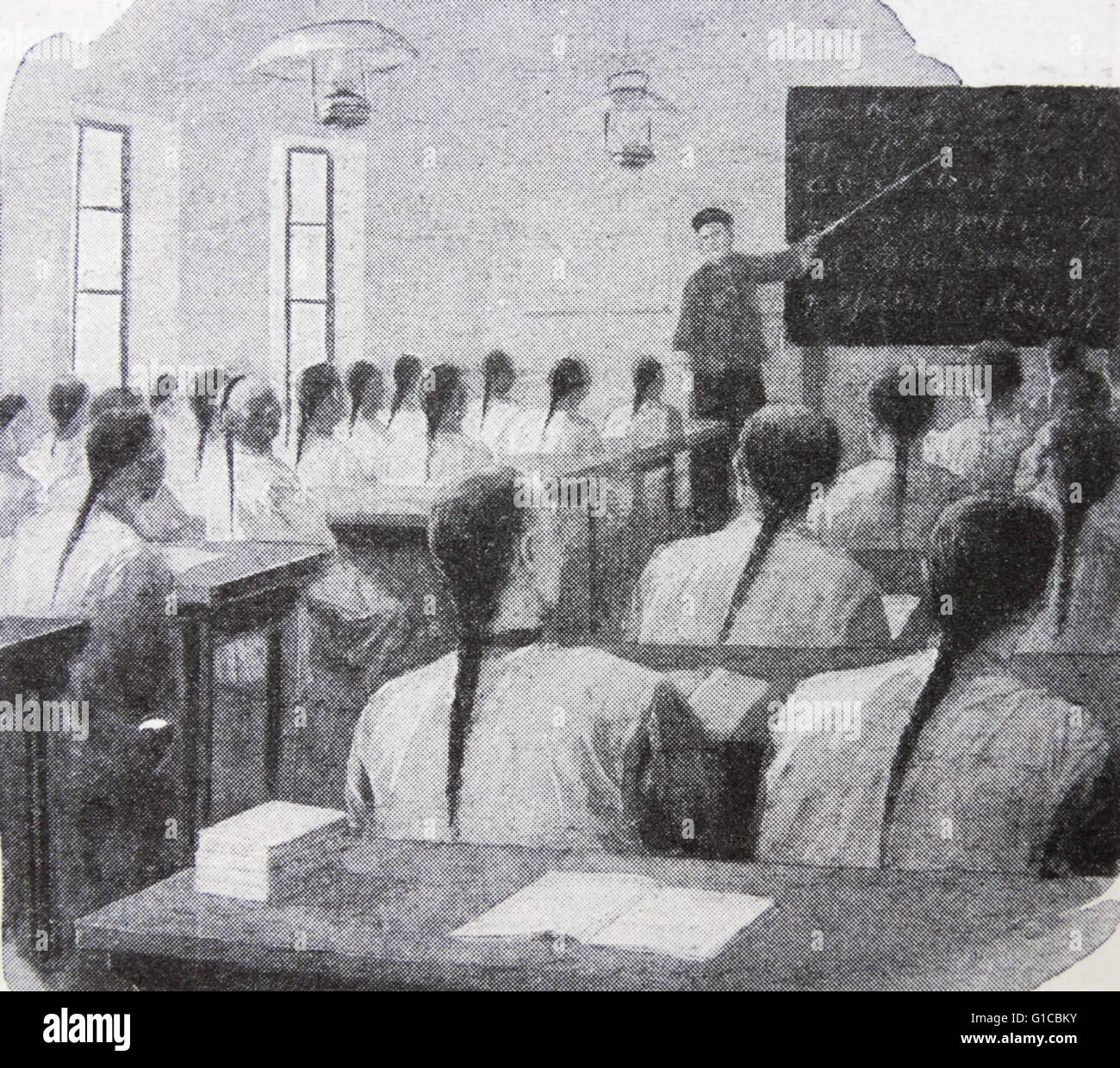 Illustration depicting educational methods of China. Students are being