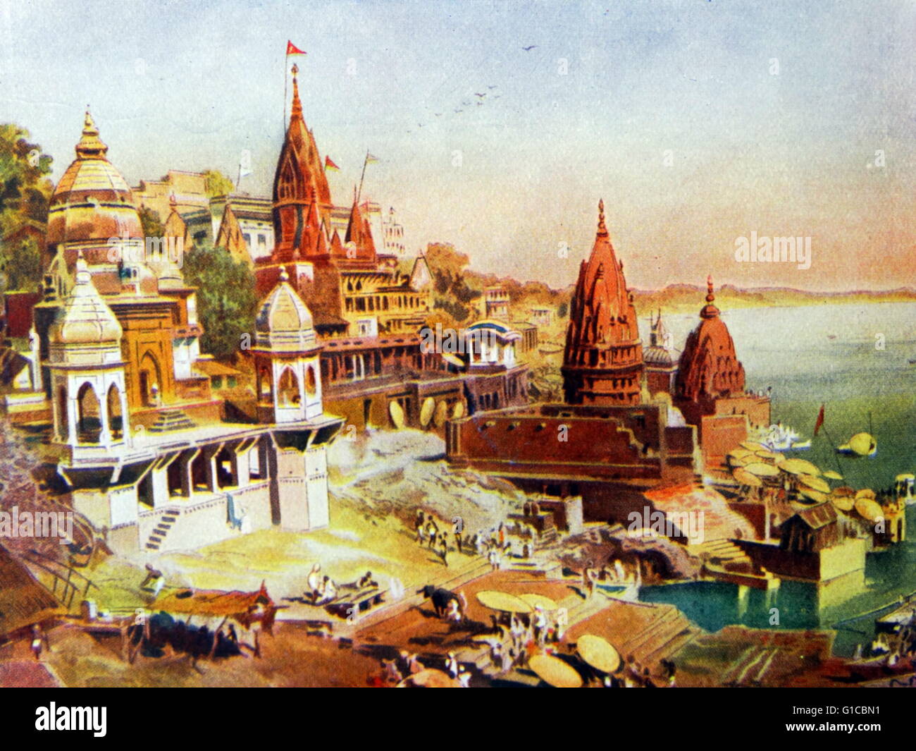 Painting depicting the sacred city of Varanasi and the River Ganges. Dated 18th Century Stock Photo