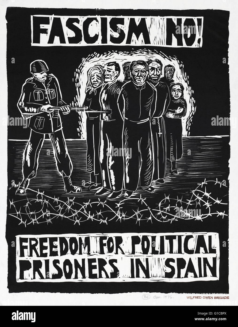 Linoleum cut print designed by Rachel Romero titled Fascism no! Freedom for political prisoners in Spain. Dated 1976 Stock Photo