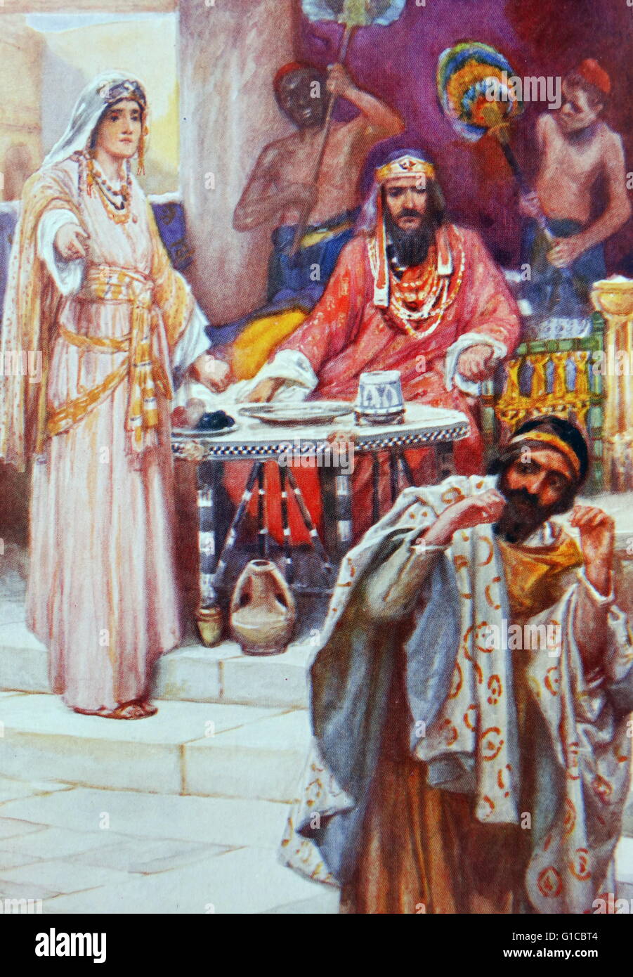 Haman accused by Queen Esther of plotting to kill the Persian Jews. Haman the Agagite described in the old testament, Book of Esther, as vizier in the Persian empire under King Ahasuerus,(Xerxes I). Stock Photo