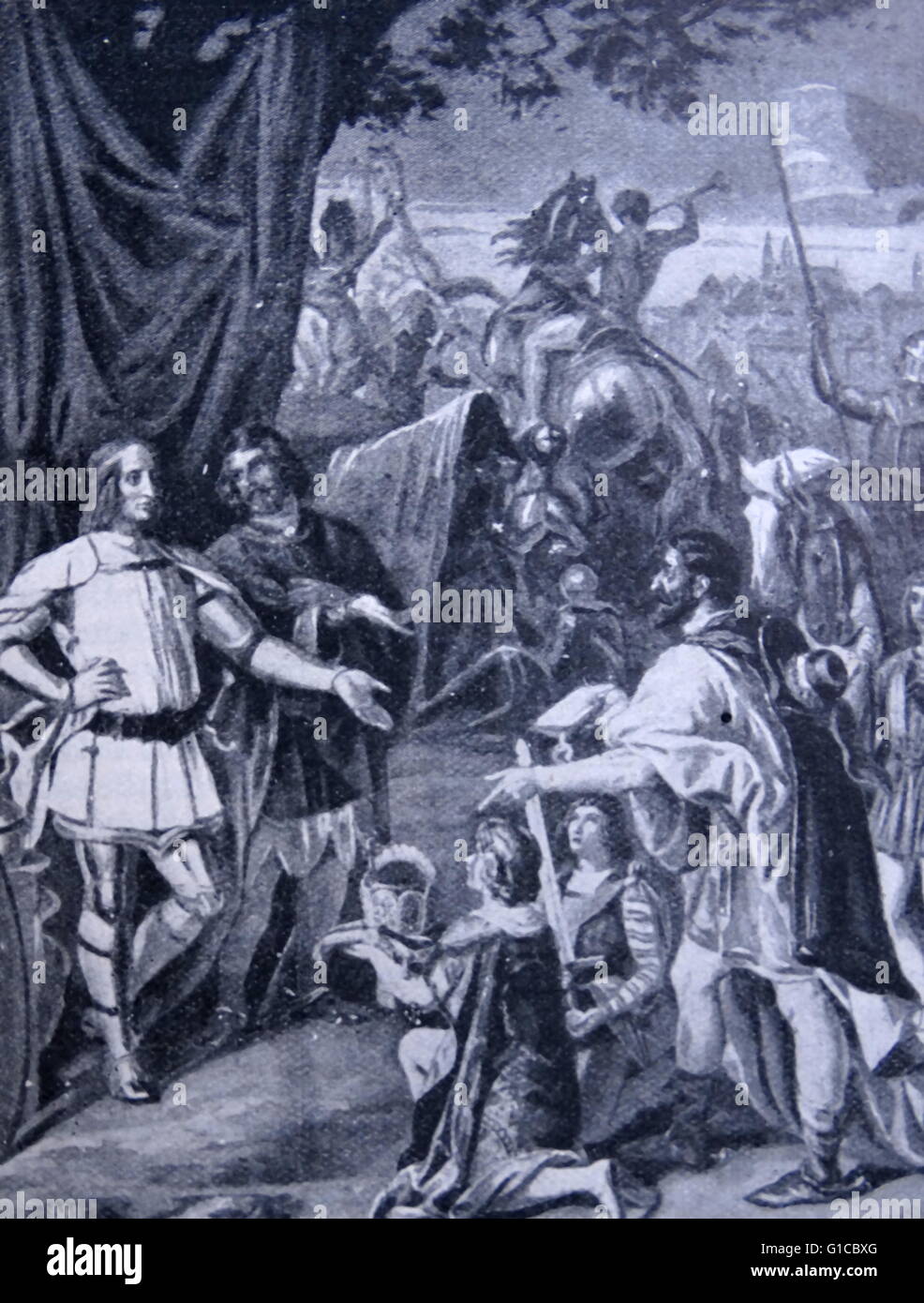 Engraving depicting Rudolf I of Germany (1218-1291) accepting a crown. Dated 13th Century Stock Photo