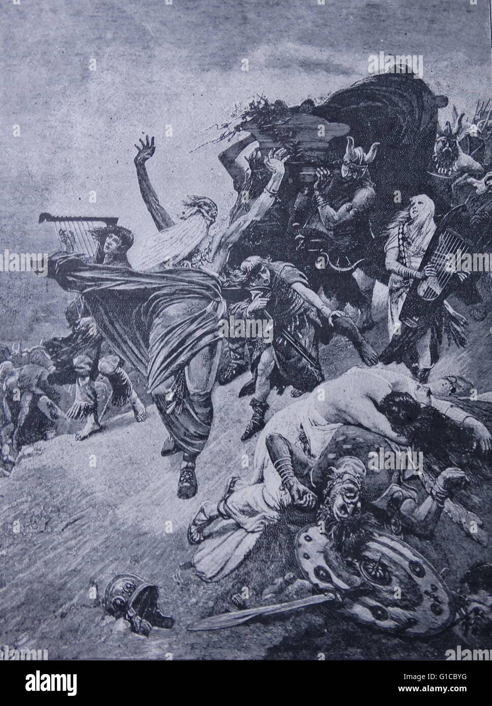 Engraving depicting the retreat after the Battle of Vesuvius, the first recorded battle of the Latin War. Stock Photo