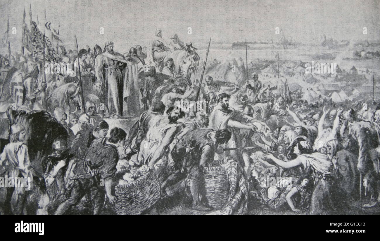 Engraving depicting King Edward III of England (1312-1377) at the historic siege of Calais. Dated 14th Century Stock Photo