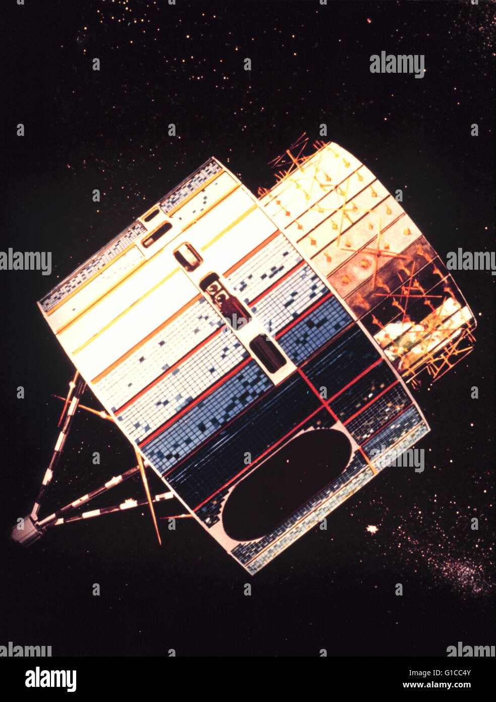 Graphic of the Synchronous Meteorological Satellite, the forerunner of the GOES satellites. Stock Photo