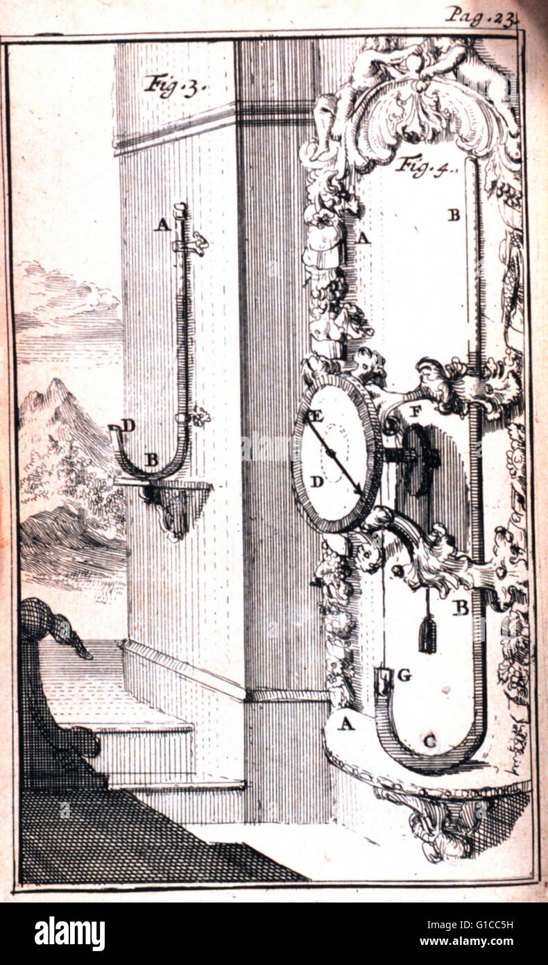 Figure 3 and 4 in: Traittez de barometers, thermometers, et notiometres, ou hygrometres, by Joachim d'Alence, d. 1707. Published in 1688. Different designs of barometers Stock Photo