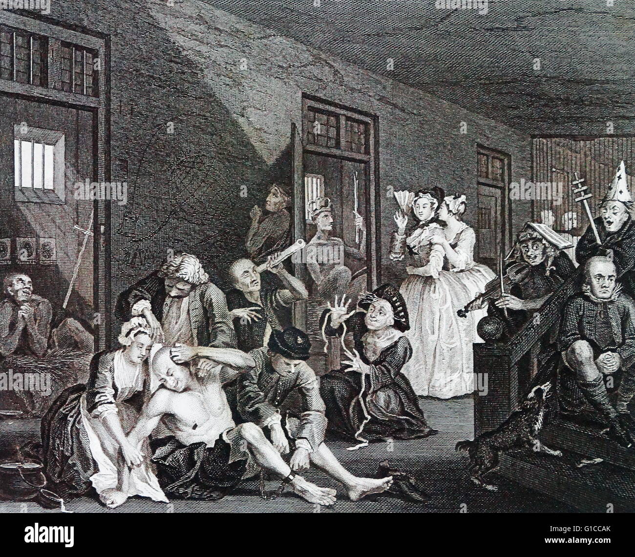 Bedlam from 'A Rake's Progress' 1733, By William Hogarth (1697 – 1764). English painter, printmaker, satirist. The series shows the decline and fall of Tom Rakewell, the spendthrift son and heir of a rich merchant, who comes to London, wastes all his money on luxurious living, prostitution and gambling Finally insane and violent, in the eighth painting he ends his days in Bethlehem Hospital (Bedlam), London's celebrated mental asylum. Only Sarah Young is there to comfort him, but Rakewell continues to ignore her Stock Photo