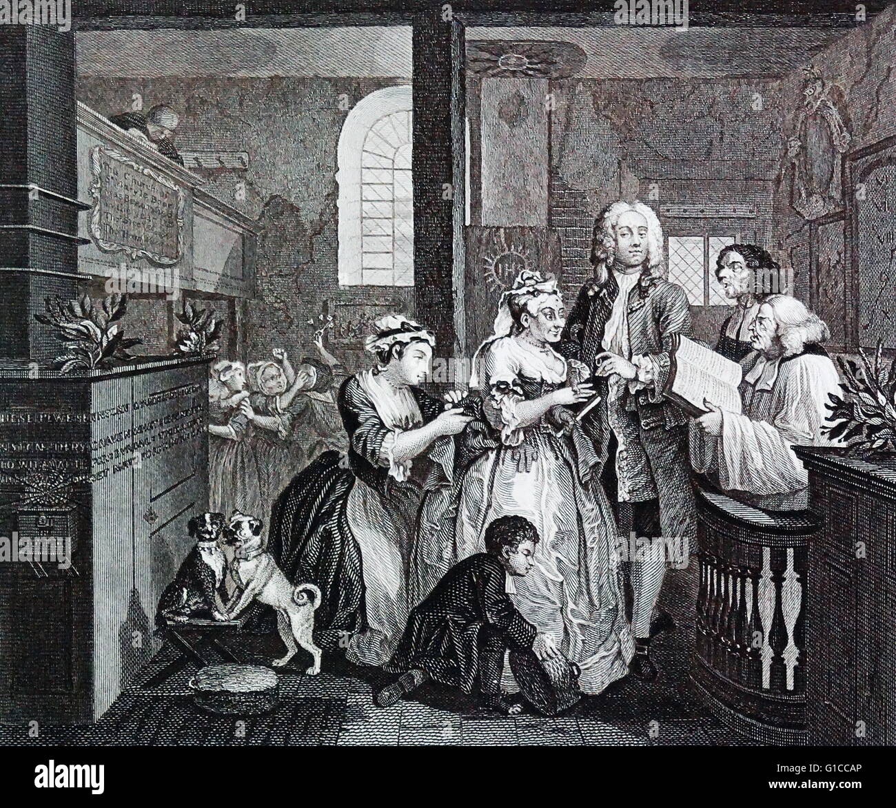 A Rake's Progress - Plate 5 - Married To An Old Maid by William Hogarth (1697 – 1764). English painter, printmaker, pictorial satirist. 'A Rake's Progress' 1733, By William Hogarth (1697 – 1764). English painter, printmaker, satirist. The series shows the decline and fall of Tom Rakewell, the spendthrift son and heir of a rich merchant, who comes to London, wastes all his money on luxurious living, prostitution and gambling Stock Photo