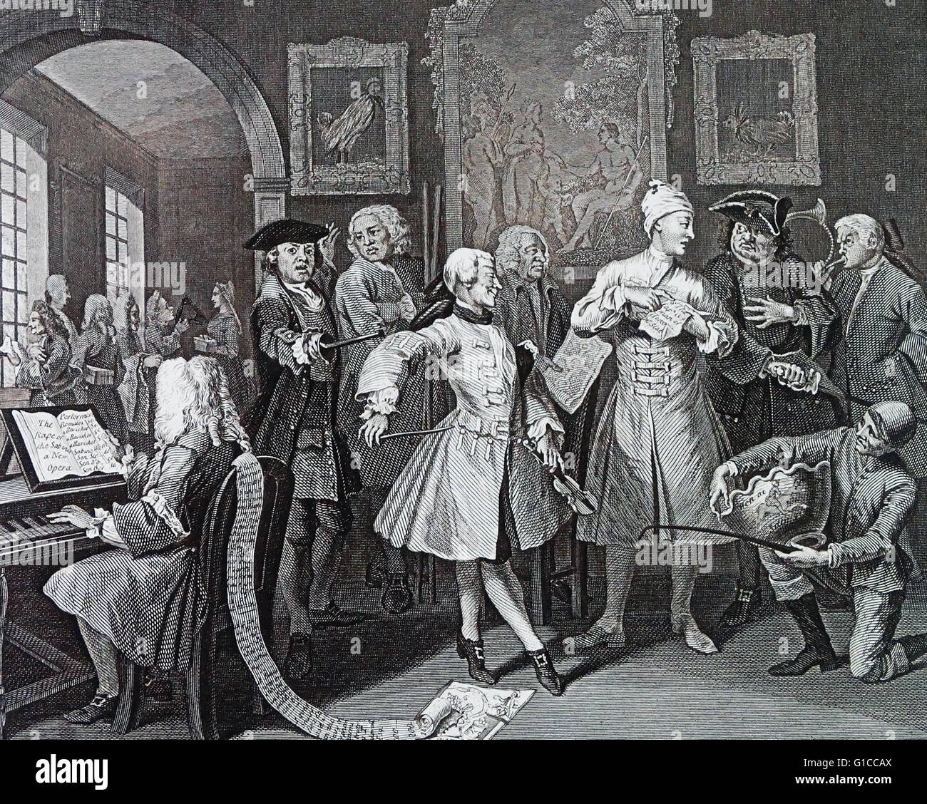 A Rake's Progress - Plate 2 - Surrounded By Artists And Professors by William Hogarth (1697 – 1764). English painter, printmaker, pictorial satirist. Stock Photo