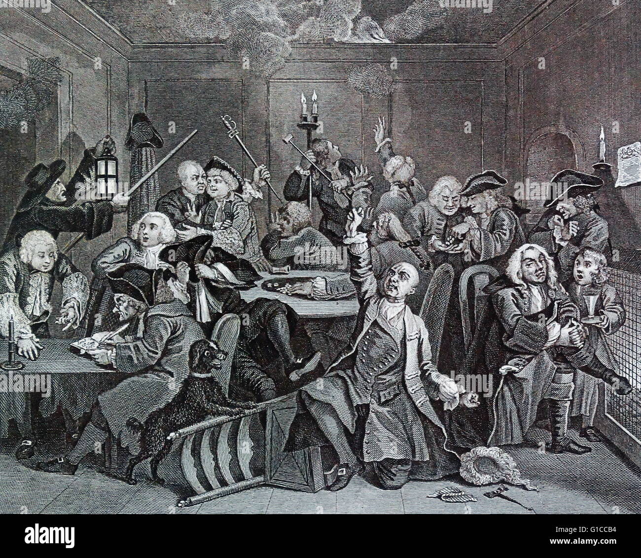A Rake's Progress - Plate 6 - Scene In A Gaming House by William Hogarth (1697 – 1764). English painter, printmaker, pictorial satirist. The sixth painting shows Tom pleading for the assistance of the Almighty in a gambling den at Soho's White Club after losing his 'new fortune'. Stock Photo