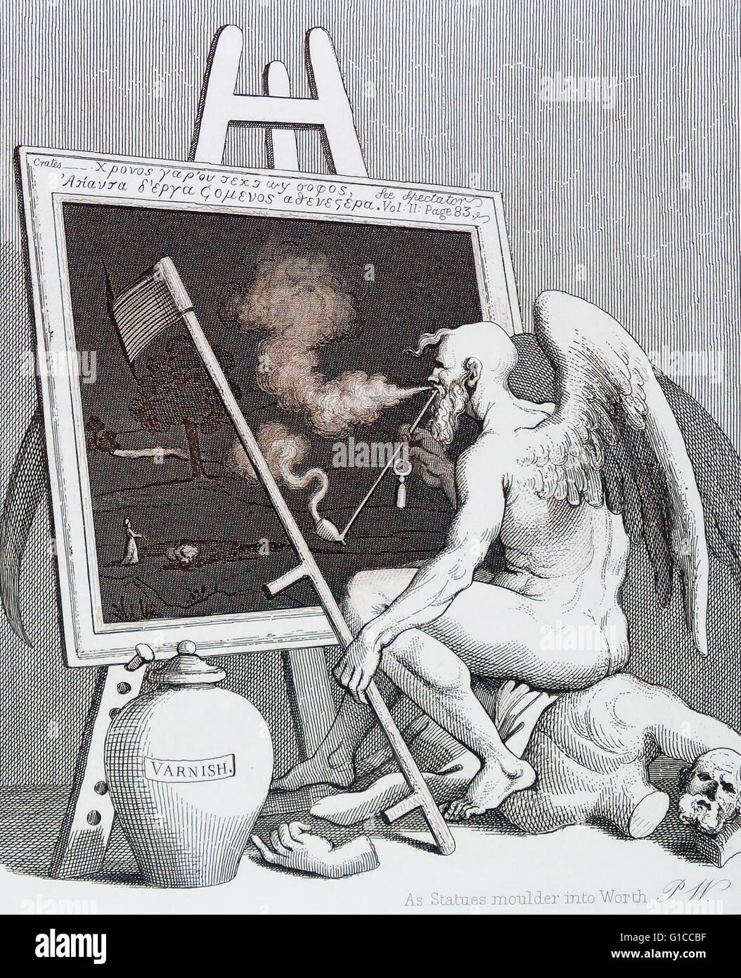 To nature and your self appeal. by William Hogarth (1697 – 1764). English painter, printmaker, pictorial satirist. 'To Nature and your Self appeal,Nor learn of others, what to feel”. Father Time Smoking a Picture (As Statues moulder into Worth). Saturn as winged death heartily smoking at a painting to give it the major orders, cutting it with his scythe at the same time. Engraving. Stock Photo