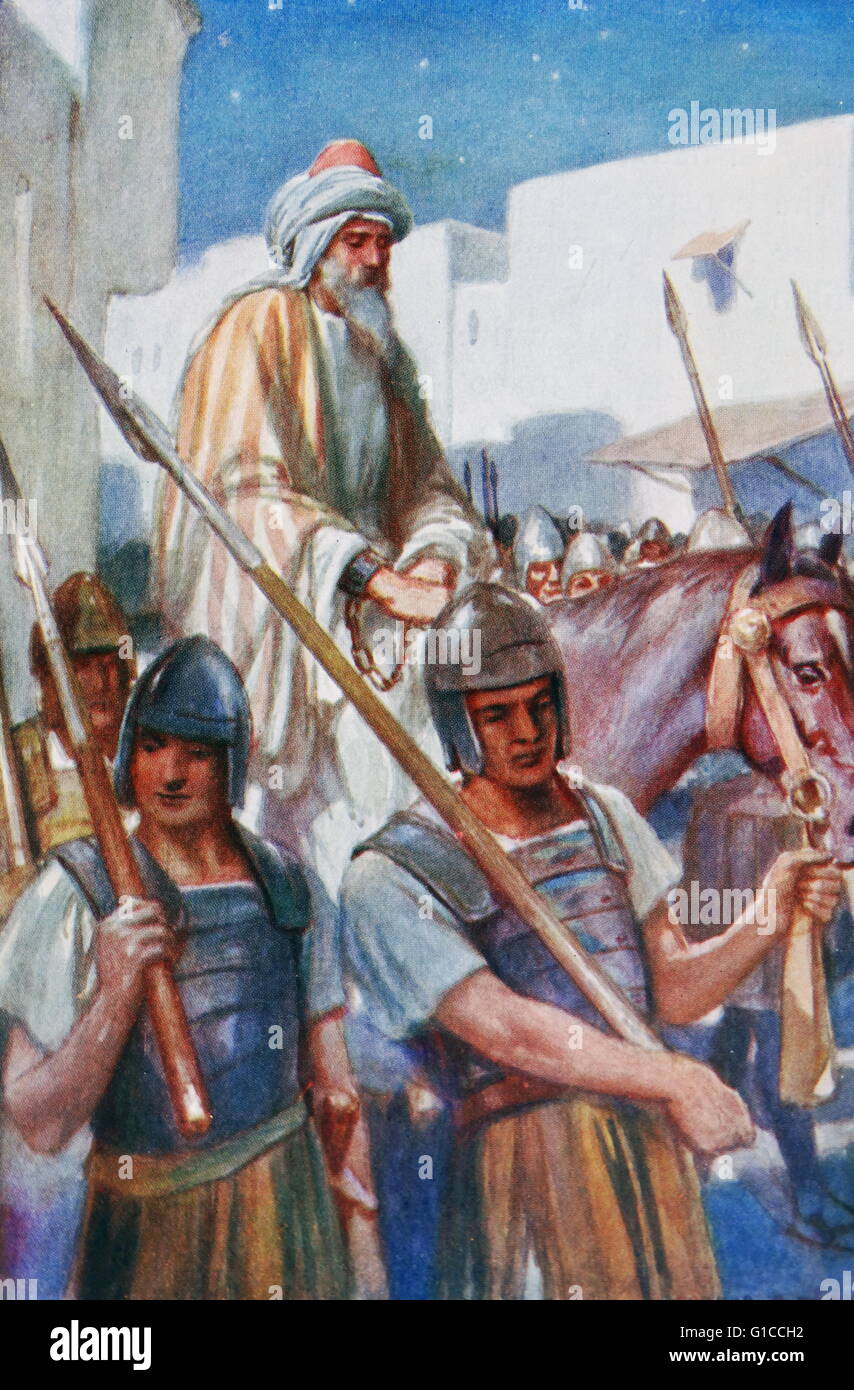 Apostle Paul taken from Jerusalem by roman soldiers. Illustration by