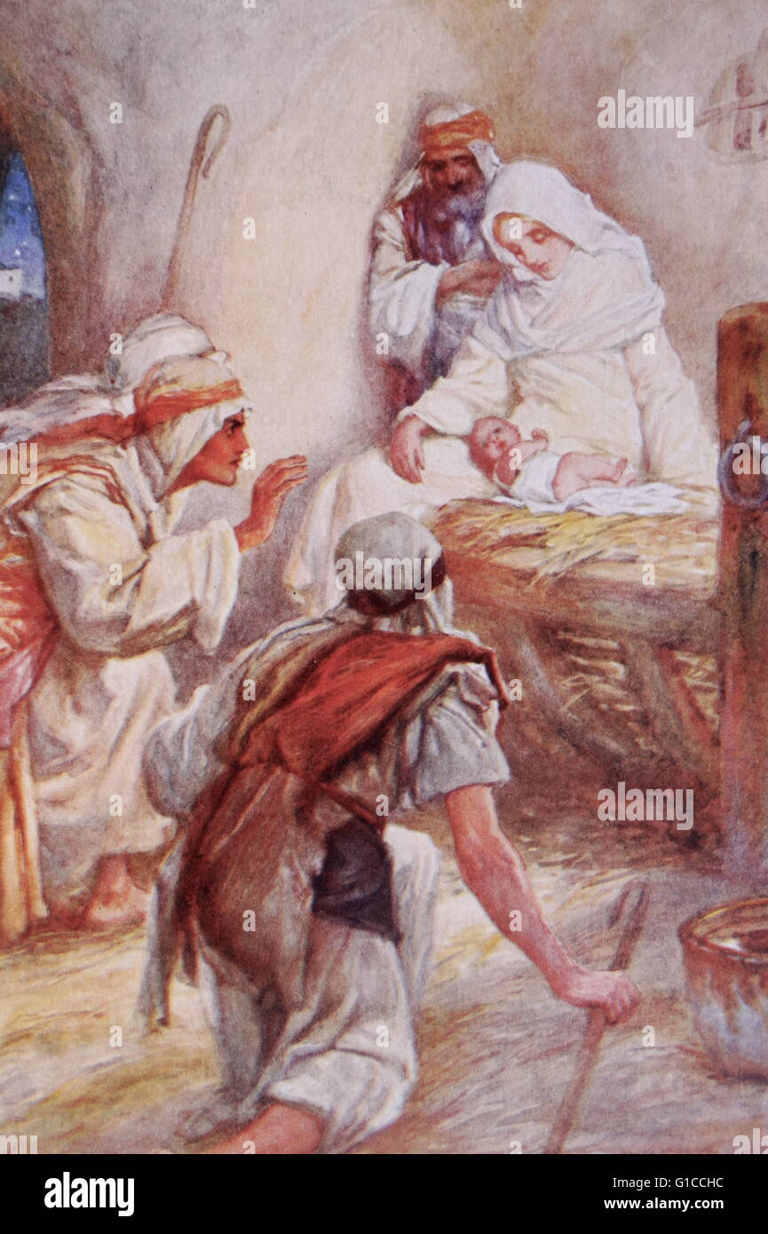 The Adoration of the Shepherds, in the Nativity of Jesus . illustration by Arthur A. Dixon 1872-1959. From the Precious Gift: Bible Stories for Children by T W Wilson (1910). Stock Photo