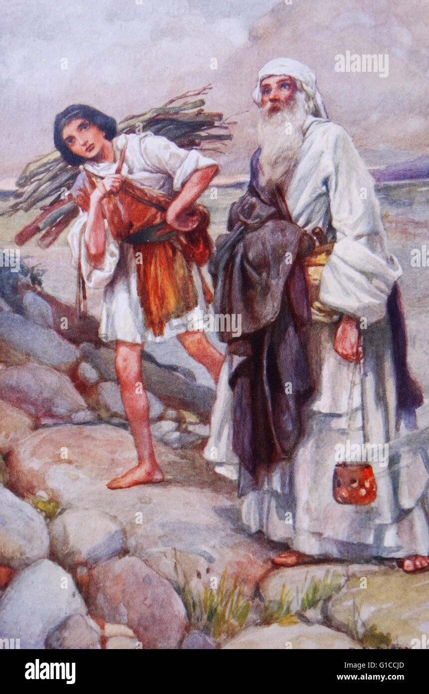 Abraham leads Isaac to the point of sacrifice. illustration by Arthur A. Dixon 1872-1959. From the Precious Gift: Bible Stories for Children by T W Wilson (1910). Stock Photo
