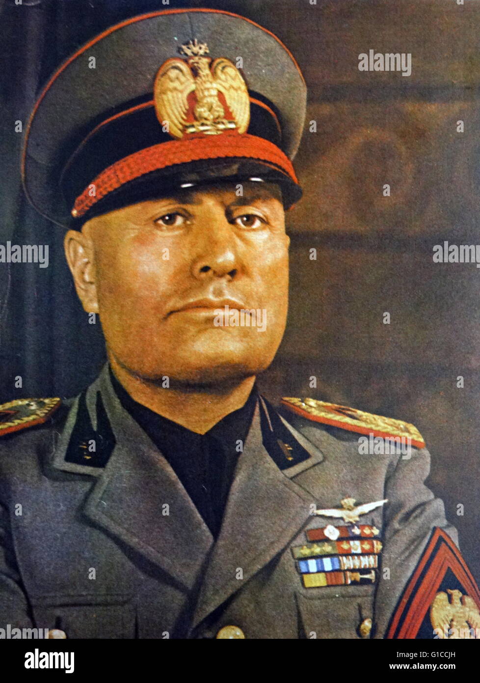 1930's uniformed portrait of Benito Mussolini (1883 – 28 April 1945). Italian politician, journalist, and leader of the National Fascist Party. Prime Minister from 1922 until his ousting in 1943 Stock Photo