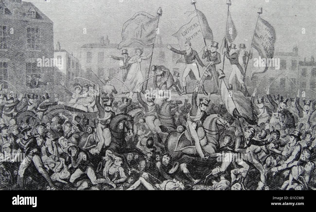 Print of a painting of the Peterloo Massacre, which occurred at St Peter's Field, Manchester, when cavalry charged into a crowd of 60,000–80,000 that had gathered to demand the reform of parliamentary representation. Dated 1819 Stock Photo