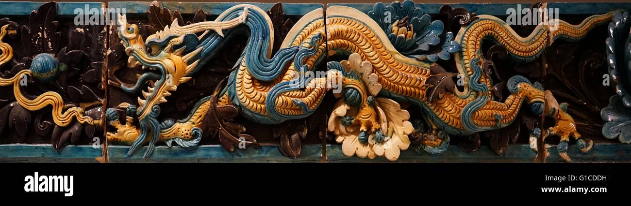 Lead-glazed stoneware dragon tiles, from the Shanxi Province, China. Dated 15th Century Stock Photo