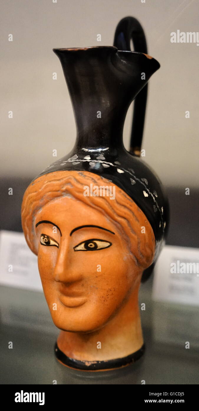 Oinochoe (wine-jug) in the form of a woman's head. From Nola. Dated 440 BC Stock Photo