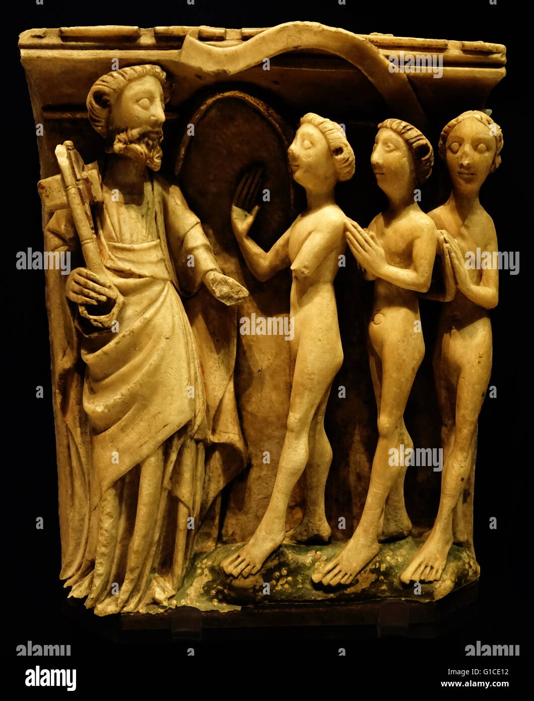 Alabaster panel scenes depicting from the Last Judgement. This panel depicts St Peter welcoming the Blessed to the gates of Heaven. Dated 15th Century Stock Photo