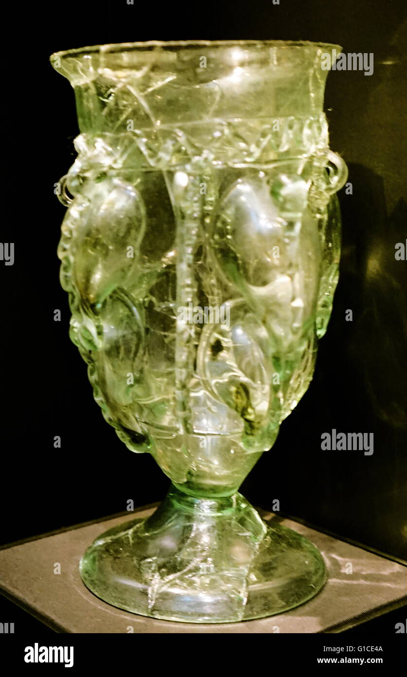 Glass claw beaker, an example of AngloSaxon England vessels. Dated 350