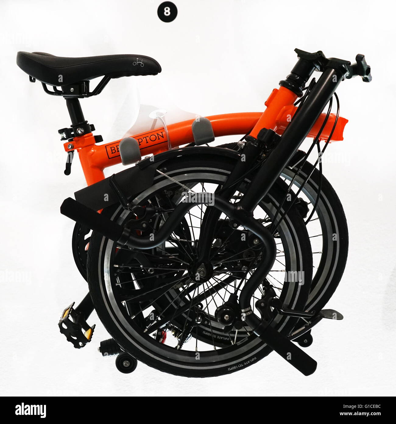 7. 8. 9. Brompton- 3 stage folding made from steel, from the Brompton Bicycle Ltd. Dated 21st Century Stock Photo